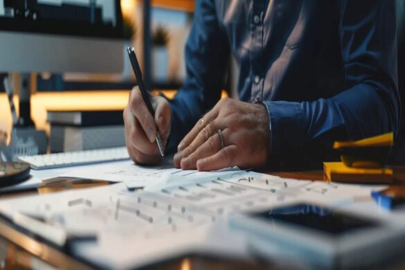 Business professional writing documents at a desk, preparing a detailed request for proposal (RFP).